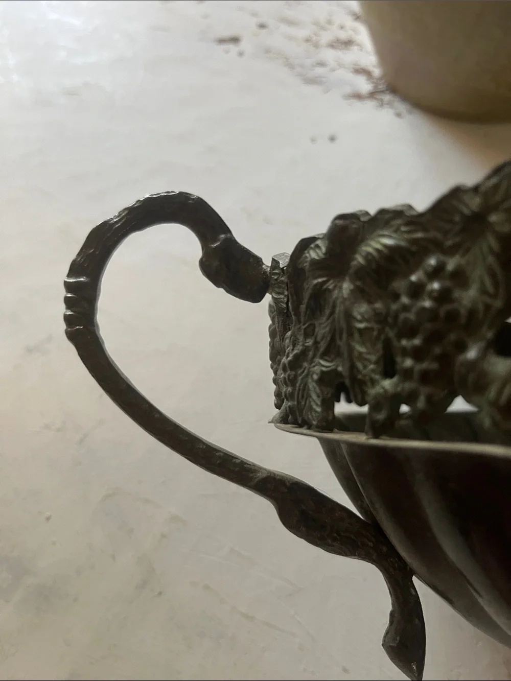 Ornate  vintage Metal Pedestal Bowl with Handles - Black Finish